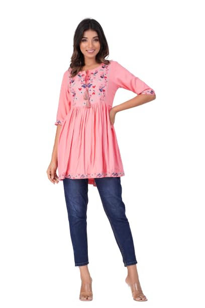 Digital Shopee Rayon Embroidery Short Flair Frock Regular Kurti | Kurta For Women Girls (X-Large, Peach)