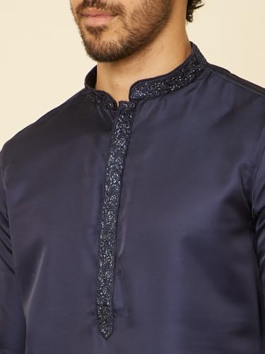Manyavar Mens Blue Satin Solid Kurta Pyjama Set