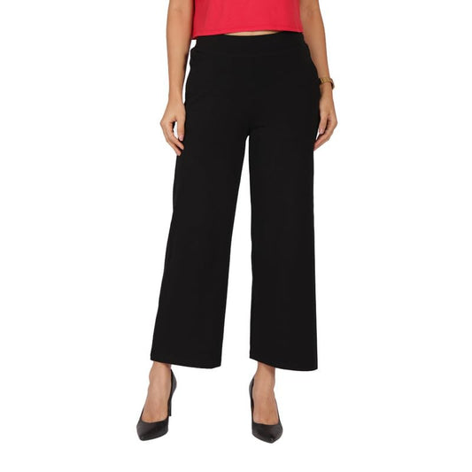 BlissClub Women Am Pm Cotton Wide Leg Pants|Wide Waistband|High Rise|Drawstring|2 Pockets, Black