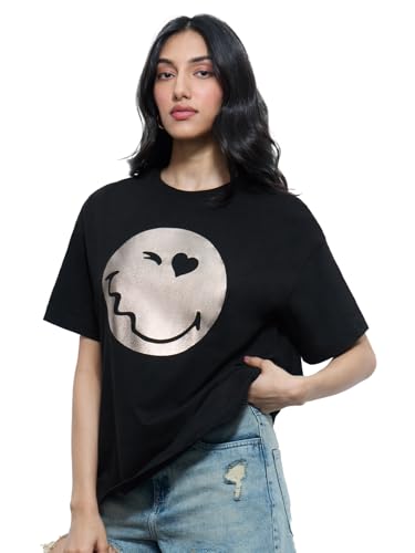 The Souled Store Smiley: Glitter Getter Women and Girls Short Sleeves Round Neck Black Graphic Printed Cotton Oversized T-Shirts