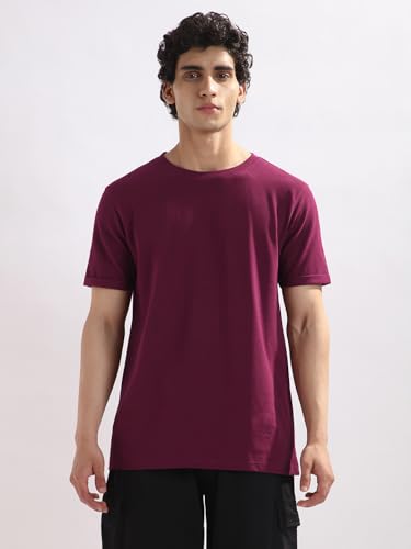 Nobero MenS Solid Regular Fit T-Shirt (1M-Twts-R0107_Burgundy