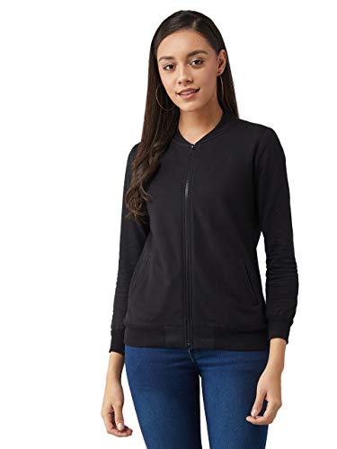 Dolce Crudo Womens Black V-Neck Full Sleeves Cotton Solid Bomber Jacket(DOAW20JKT99-05-62_Black_L)