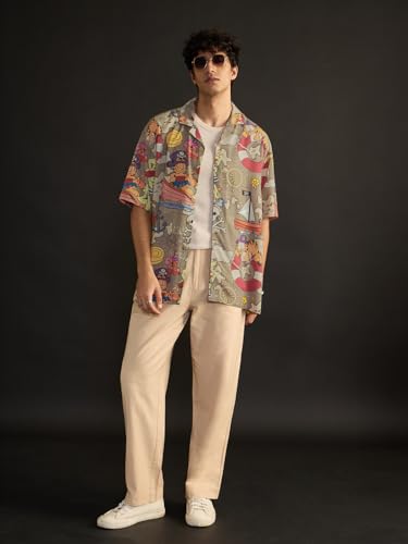The Souled Store Garfield: Pirates Cove Men and Boys Short Sleeve Spread Collar Button Front Beige All Over Printed Rayon Overs