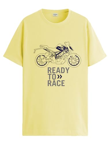 ADRO Men's Biker Design Printed 100% Cotton T-Shirt - Regular Fit, Printed T-Shirts for Men (RN24-KTM-LY_Light Yellow_XL)