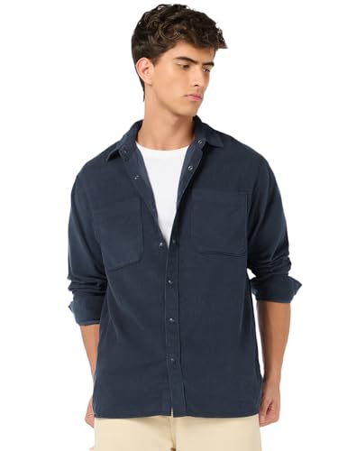 Bewakoof MenS Solid Regular Fit Full Sleeve Collared Corduroy Shirt_685446_Blue_L