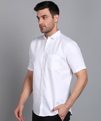 Mildin MenS Regular Cotton Blend White Slim Fit Solid Button Down Spread Collar Half Sleeve Curved Hemline Formal Shirt With On
