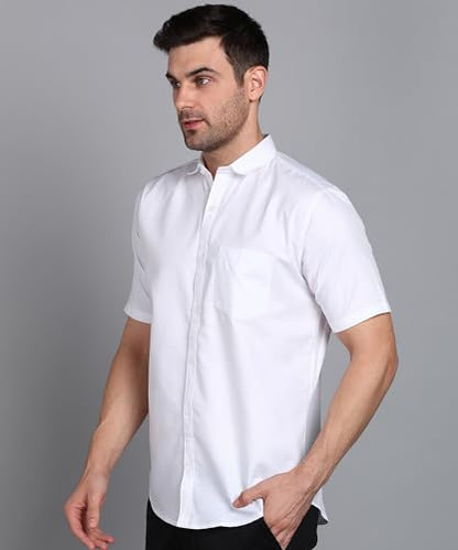 Mildin MenS Regular Cotton Blend White Slim Fit Solid Button Down Spread Collar Half Sleeve Curved Hemline Formal Shirt With On