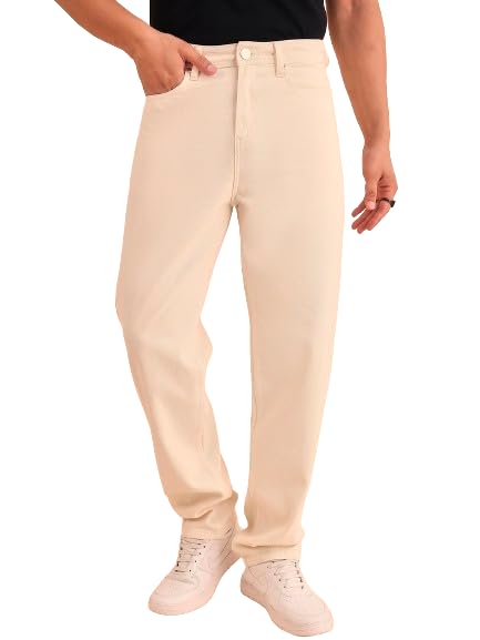 Style Quotient Men Relaxed Fit High Rise Cotton Jeans Off White