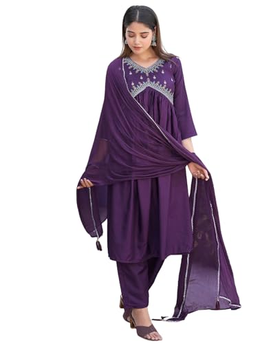 Sanisa Women's Art Silk Sequence Embroidery Work Alia Cut Kurta with Pant and Dupatta Set