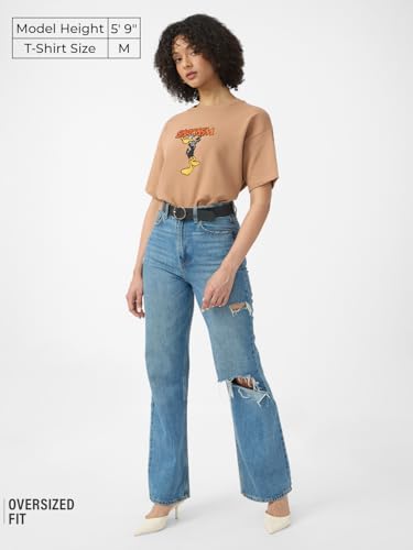 The Souled Store Textured T-Shirt: Looney Tunes Women and Girls Short Sleeves Round Neck Brown Embroidered Cotton Oversized T-Sh