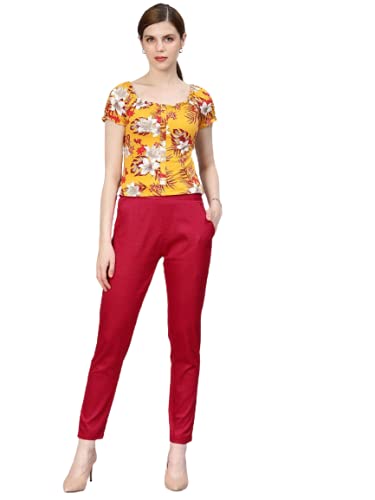 Digital Shopee Women Regular Fit Elastic Waist Full Length Cotton Formal Trouser For Casual Wear, Office Wear Dark Coral