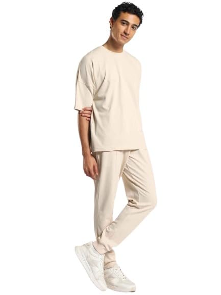 Nobero Men Cotton Blend Solid Sand Oversized Moses - Brown Popcorn Textured Co-Ord Set - Crew-Neck T-Shirt & Joggers Set