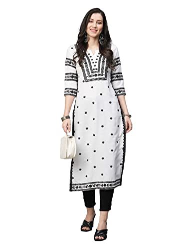 GoSriKi Womens Cotton Blend Embroidered Straight Kurta (Stho-White-Nw2-GS_XL_White_X-Large)
