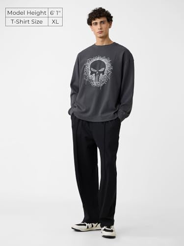 The Souled Store Punisher: Chaos Men And Boys Round Neck Grey Embroidered Cotton Oversized Full Sleeve T-Shirts