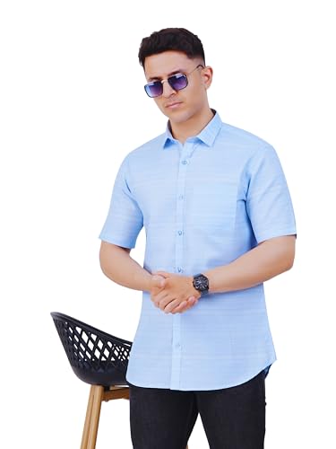 PRAKASAM COTTON Mens Self Design Cotton Half Sleeve Shirt for Mens/Formal Linen Cotton Shirt for Mens/Regular Fit Cotton Shirt f