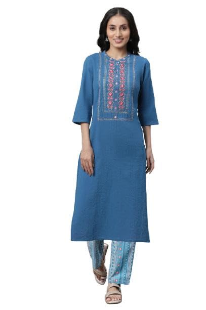 Aurelia Women's Yellow Metallic Embroidery Viscose Blend Straight Kurta and Palazzo Set (Size: S)-VCSTB2A-10083