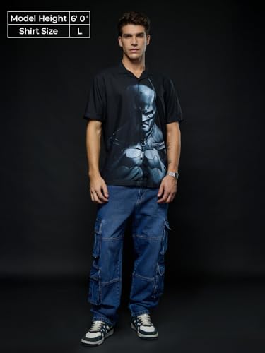 The Souled Store Batman: The Game Men and Boys Short Sleeve Collared Neck Button Front Black Graphic Printed Viscose Oversized S