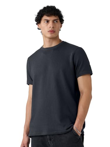 The Souled Store Korean T-Shirt: Charcoal Men and Boys Short Sleeves Round Neck Solid Textured Regular Fit Cotton Blend T-Shirts