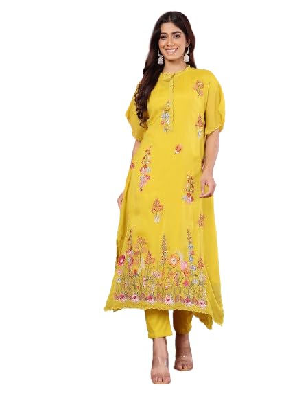 Varanga Women Floral Thread Embroidered Silk Kaftan With Tonal Bottom.