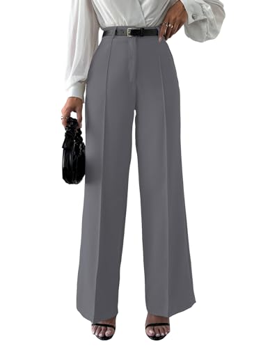 Shasmi Womens Solid Grey Color High Waist, Wide Straight-Leg Loose Fit, Front Button Closure, Simple Daily Casual Long Pants wi
