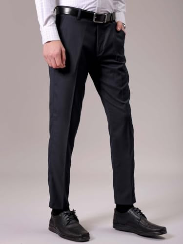The Indian Garage Co Men Slim Fit Self Design Mid-Rise Stretchable Formal Trousers Dark Navy