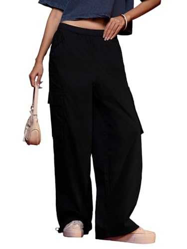 The Souled Store Parachute Pants: Phantom Women and Girls Pull On Black Solid Cotton Baggy Fit Cargo Pants