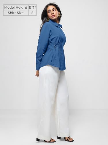 The Souled Store Buckle Shirt: Women and Girls Full Sleeves Spread Collar Solid Textured Viscose Nylon Blend Regular Fit Lightwe