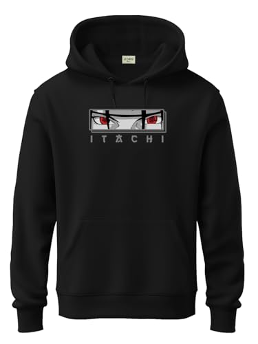 ADRO Mens Black Itachi Uchiha Hoodie | 320 GSM Heavyweight Cotton Poly Fleece Printed Hoodies | Anime-Inspired Naruto Sharingan