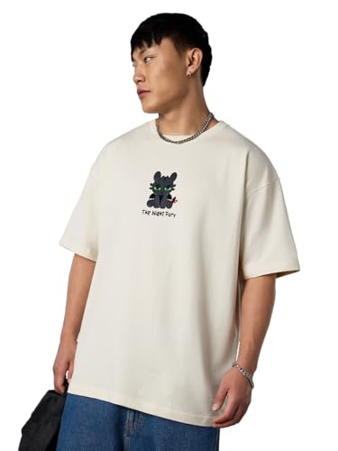 The Souled Store HTTYD: Night Fury Chibi Men and Boys Short Sleeves Round Neck Off White Graphic Printed Cotton Breathable Light