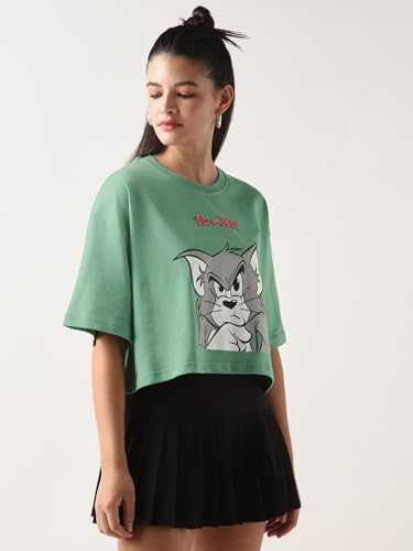 Bewakoof Heavy Duty 1.0 Official Tom & Jerry Merchandise Womens Graphic Print Oversized Fit Half Sleeve Round Neck Terry Short