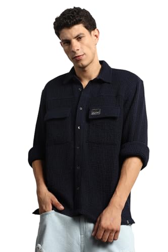 Hubberholme Men Summer Cotton Spread Collar Long Sleeves Oversized Casual Shirt 26 Blue