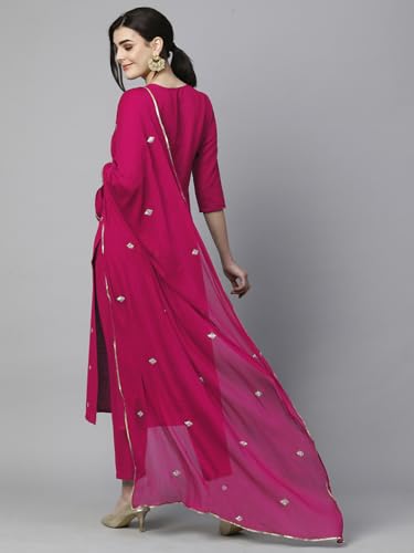 GoSriKi Ladies Cotton Blend Embroidered Straight Kurta with Trousers & Dupatta, Large, Pink, Model Kasturi-NGT-GS