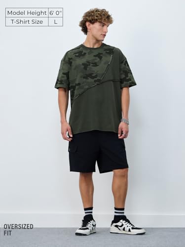 The Souled Store Panel Detail: Forest Camo Men and Boys Short Sleeves Round Neck Green Printed Cotton Oversized T-Shirts