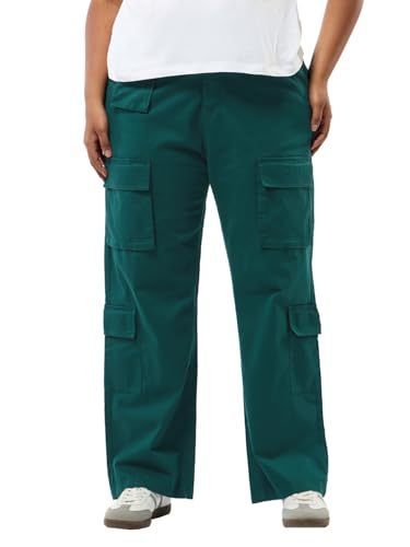 Bewakoof Womens Solid Oversized Fit Cotton Elastane Plus Size Cargo Pants_628280_Green_40