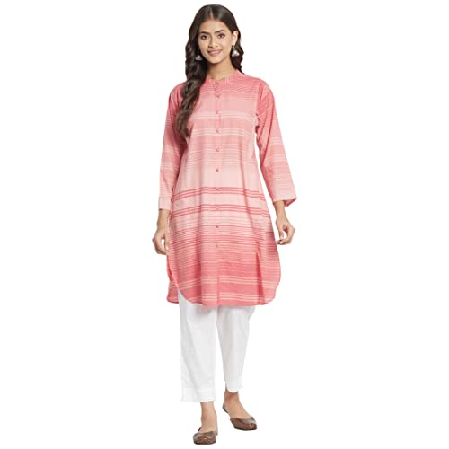 Fabindia Women Collar Woven Cotton Knee Length Kurta Chinese_Pink