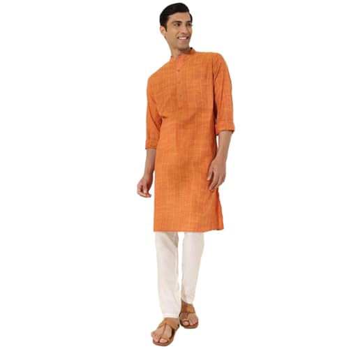 Fabindia MenS Cotton Printed Slim Fit Kurta (1035957Mustard_Mustard