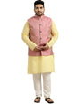 SOJANYA (Since 1958 Men's Pure Cotton Yellow Chikankari Kurta & Pink Nehrujacket with White Churidar Pyjama Set Size-3XL