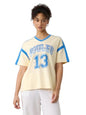 The Souled Store Varsity Women and Girls Short Sleeves V Neck Off White Graphic Printed Cotton Oversized T-Shirts