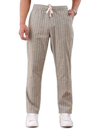 The Indian Garage Co Men Regular Fit Vertical Striped Mid-Rise Elasticated Trousers Olive