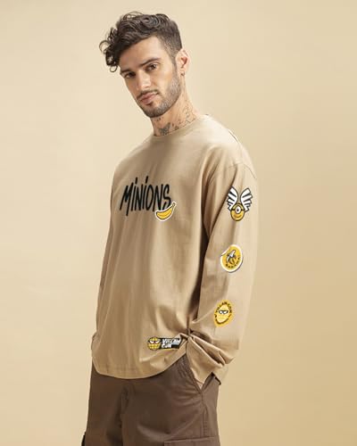 Bewakoof X Official Minions Merchandise Mens Brown Minion Badge Graphic Printed 100% Cotton T-Shirt - Oversized Fit, Round Neck