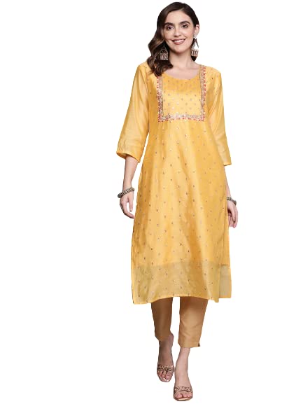 anubhutee Women's Silk Yellow Zari Work Ethnic Motifs Embroidered Straight Kurta