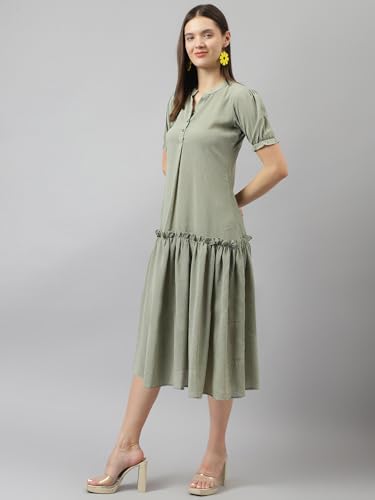 Toochki WomenS Olive Green Georgette Stripe Fit & Flared Western Dress | Dress For Women | A Line Dress | Winter Dress | Wester