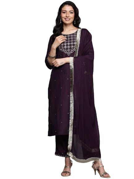 Varanga WomenS Purple Thread Embroidered Sequins Embellished Straight Kurta Paired With Bottom And Dupatta