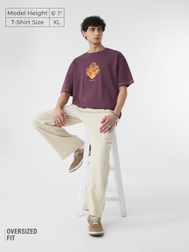 The Souled Store Nirvana Men And Boys Short Sleeves Round Neck Purple Embroidered Cotton Oversized T-Shirts
