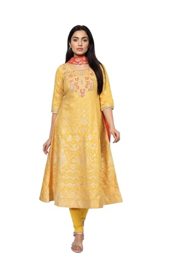 Aurelia WomenS Yellow Jacquard Embroidered Zari Work A-Line Kurta With Churidar And Dupatta Set (As16251-510145-L)