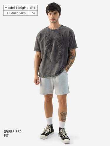 The Souled Store Official Spider-Man: Midnight Men And Boys Short Sleeve Round Neck Grey Textured Cotton Oversized T-Shirts