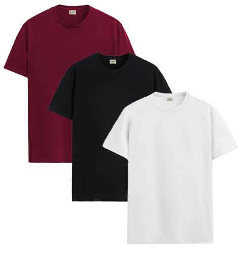 ADRO Men's Solid Regular Fit T-Shirt (RCM3-PLN-MR-BL-WH_Maroon,Black,White