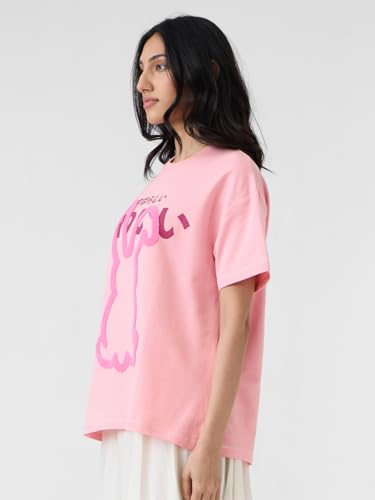 The Souled Store Oversized T-Shirt: Bunny Women and Girls Short Sleeves Round Neck Pink Embroidered Cotton Oversized T-Shirts