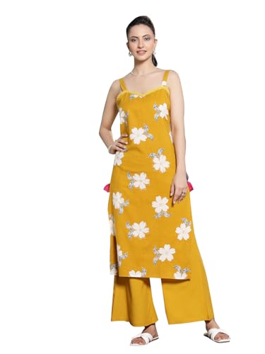 Stylum Women's Floral Printed Cotton Straight Kurta Palazzo Set (KPMUSTARDCOLL_Mustard)