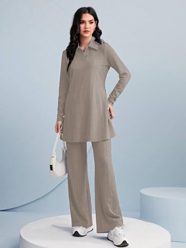 TADKEE Womens Solid Color Two-Piece Set | Long Sleeve Top & Wide Leg Pants Co-ord Set | Casual Wear Co ord Set (FN-Full-Sleeve-